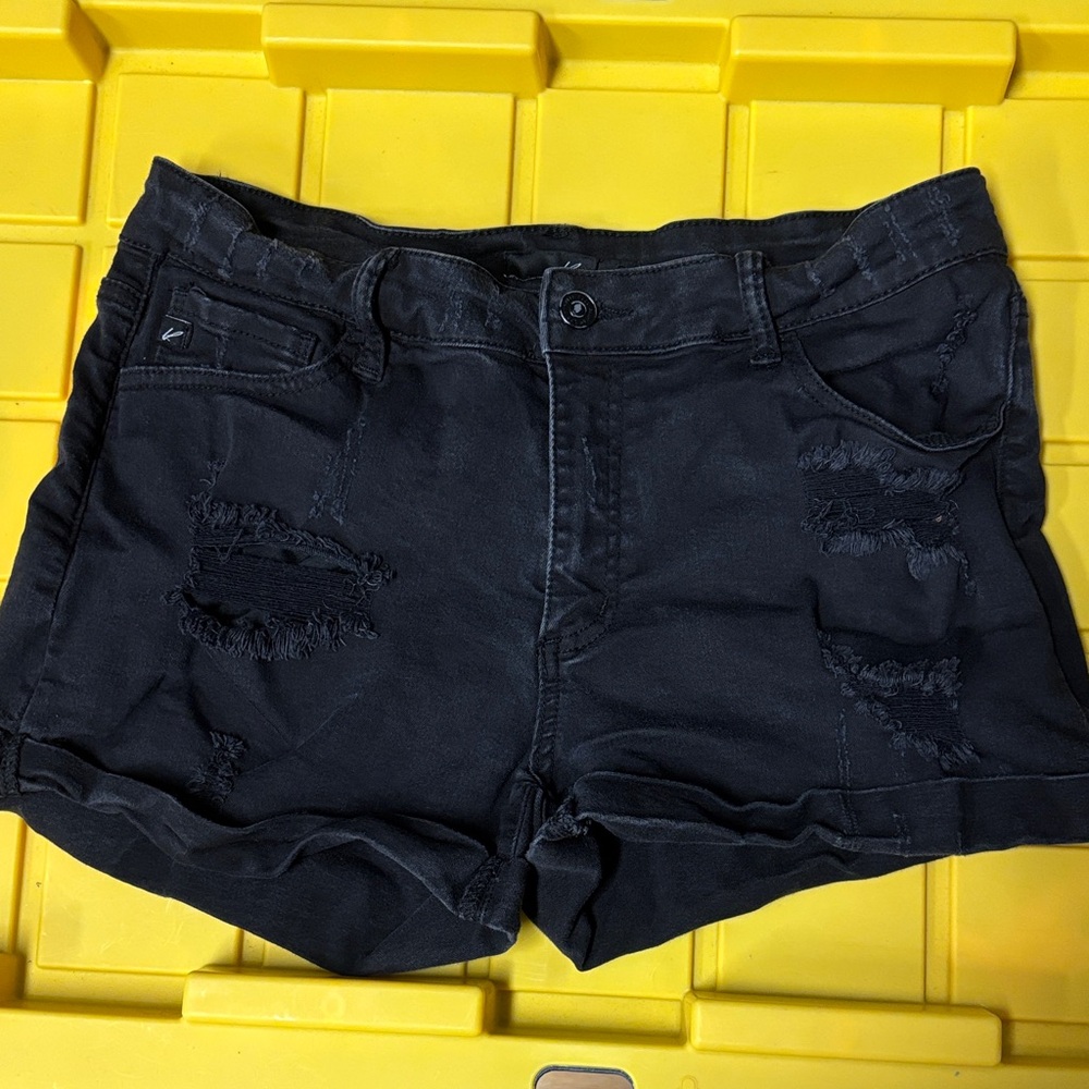 KanCan Black Distressed Rolled-Hem Jean Shorts